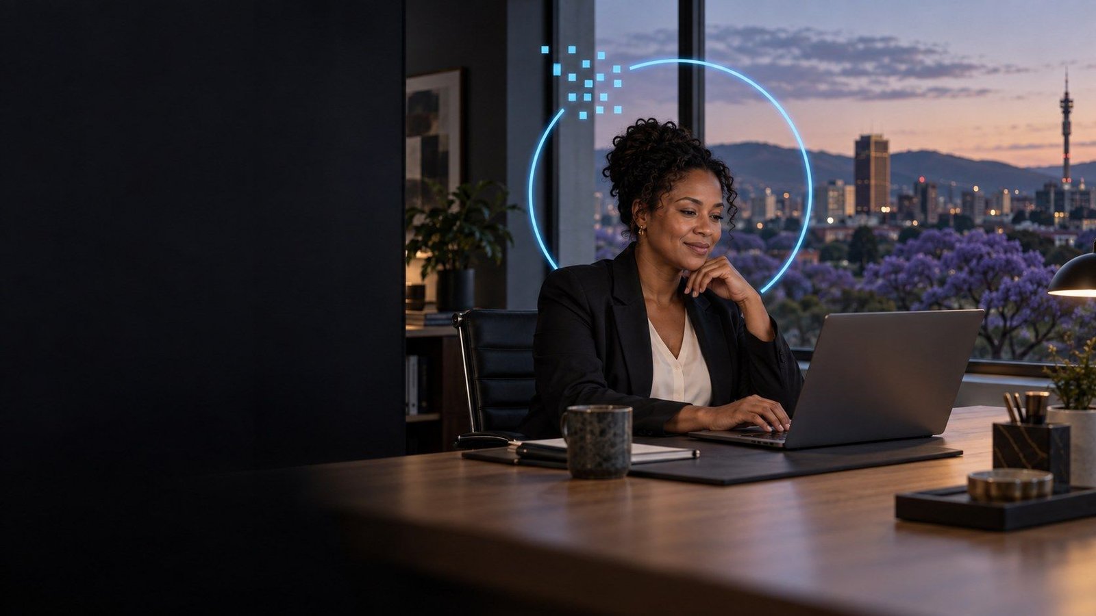 A businesswoman at a desk in a Pretoria office at dusk, smiling as she reviews work on her laptop. Jacaranda trees and the city skyline fill the window behind her, and a thin sky-blue ring hangs in the air above the desk.